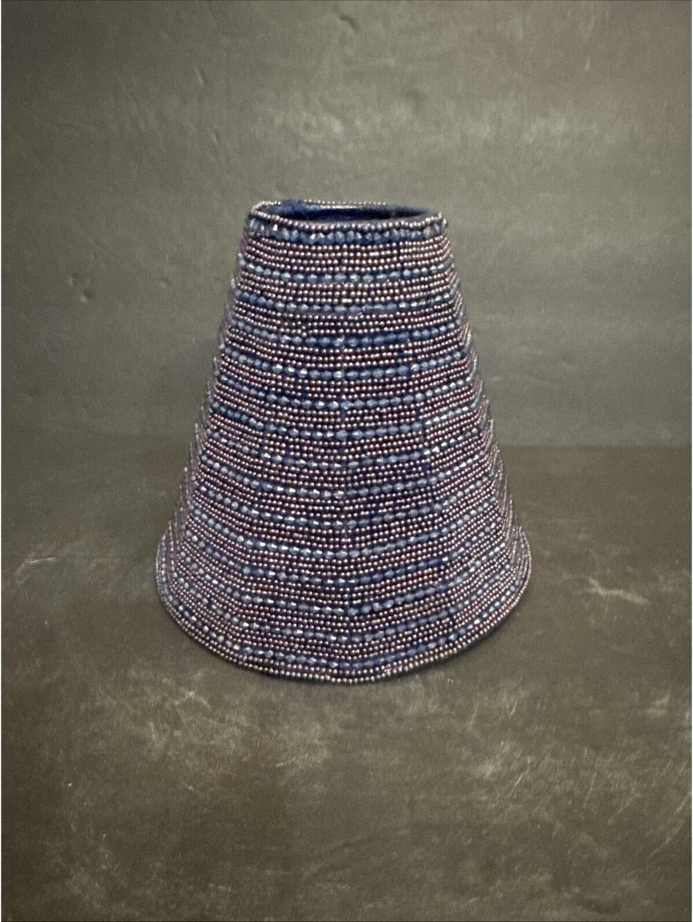 Glass Seed Beaded Lamp Shade Dark Blue Sits On Bulb Boho Nautical Beachy 5 7/8”
